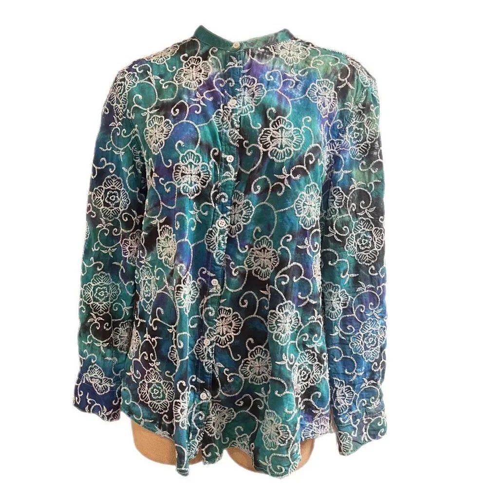 Lauren Ralph Lauren Denim Embroidered Tie Dye Button Up Shirt Size XL